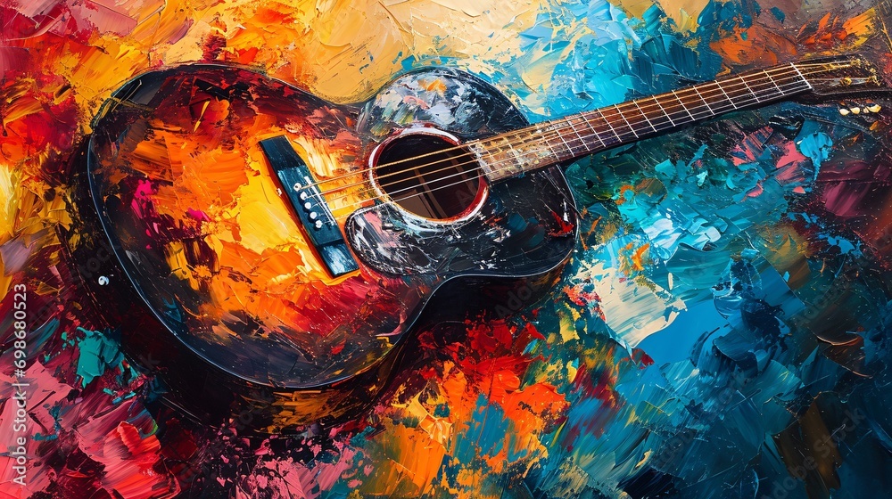 A guitar with a colorful background - obrazy, fototapety, plakaty 