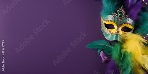 Bright stylish mask, beads and feathers, mardi gras background photo