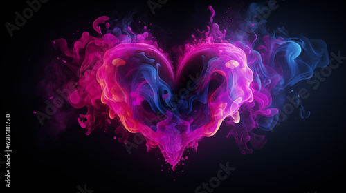 Heart shaped smoke, Cyber ​​neon colors, futuristic smoke and fog heart on dark background, Ai generated image