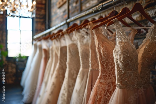 A variety of wedding dresses hanging on a rack