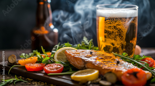 Roast trout steak with vegetables and beer in close-up with smoke on a dark background. Restaurant serving.