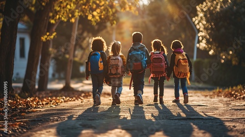 Five children walking down the street with backpacks