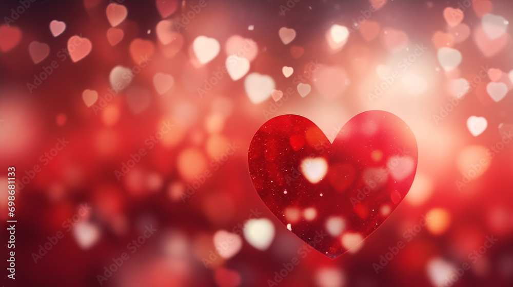 valentine background with hearts, Red Heart shape defocused blurred bokeh abstract background with red shine glow sparkles lights, Ai generated image