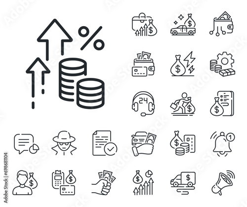 Money tax rate sign. Cash money, loan and mortgage outline icons. Inflation line icon. Financial interest symbol. Inflation line sign. Credit card, crypto wallet icon. Inflation, job salary. Vector