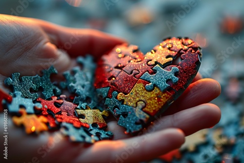 A hand holding a piece of a broken heart puzzle