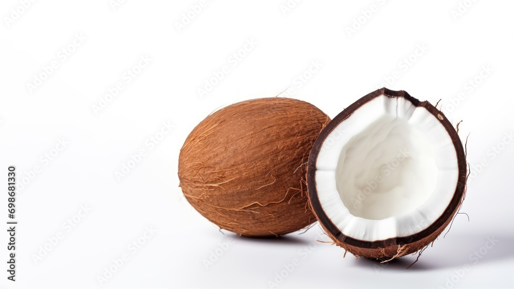 Split brown coconut isolated on white background with copy space