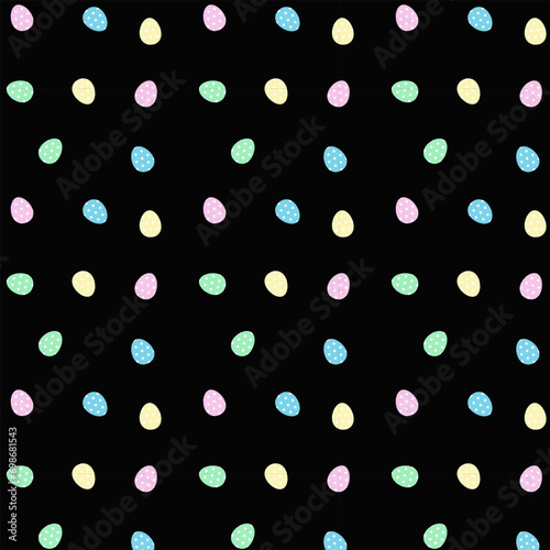 Seamless pattern of eggs with dots isolated on black background.Colorful pastel cute egg repeat pattern.Easter wallpaper background.