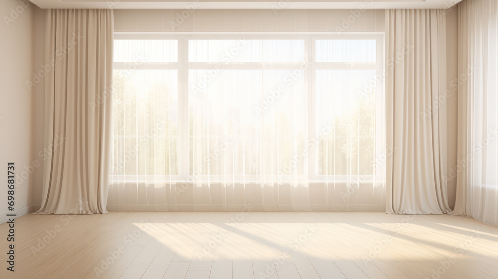 Fototapeta premium Modern empty room with window and white curtains indoors
