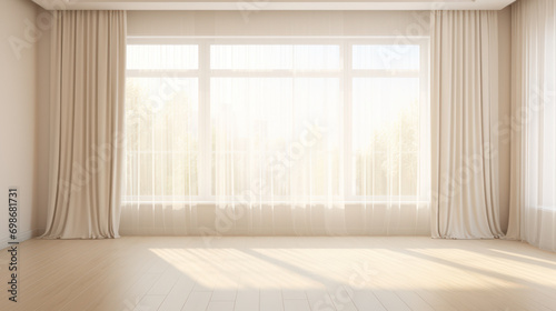 Modern empty room with window and white curtains indoors