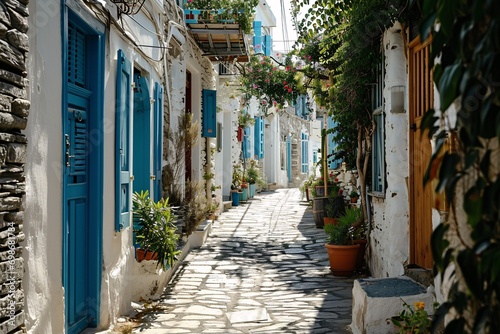 A narrow alleyway with blue doors and potted plants © Mandeep