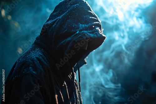 A man wearing a hooded jacket and a mask photo