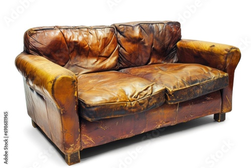 Vintage Ugly Couch Isolated on White Background. Closeup of Old, Used, and Abandoned Leather Sofa with Damaged Texture and Vintage Style