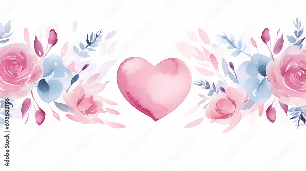 Template with watercolor flowers and hearts, Valentine's Day background