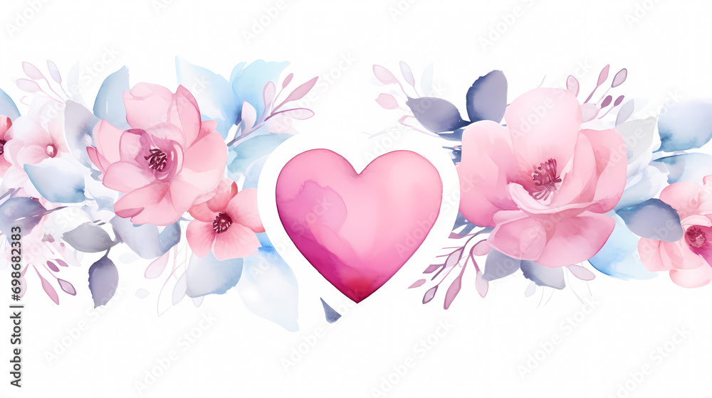 Template with watercolor flowers and hearts, Valentine's Day background