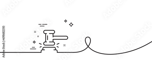 Judge hammer line icon. Continuous one line with curl. Court judgement sign. Legal law symbol. Judge hammer single outline ribbon. Loop curve pattern. Vector