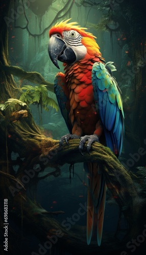 A wise and contemplative parrot with striking plumage  observing the world from its perch.