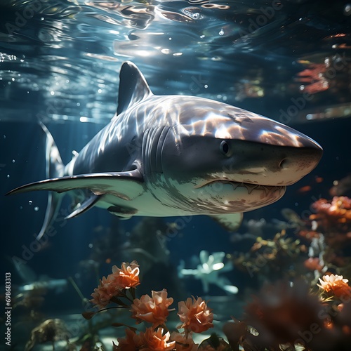 petal predator  a white shark s serene journey through a floral aquatic realm