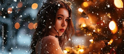 Christmas concept with a editable background featuring a beautiful young woman.