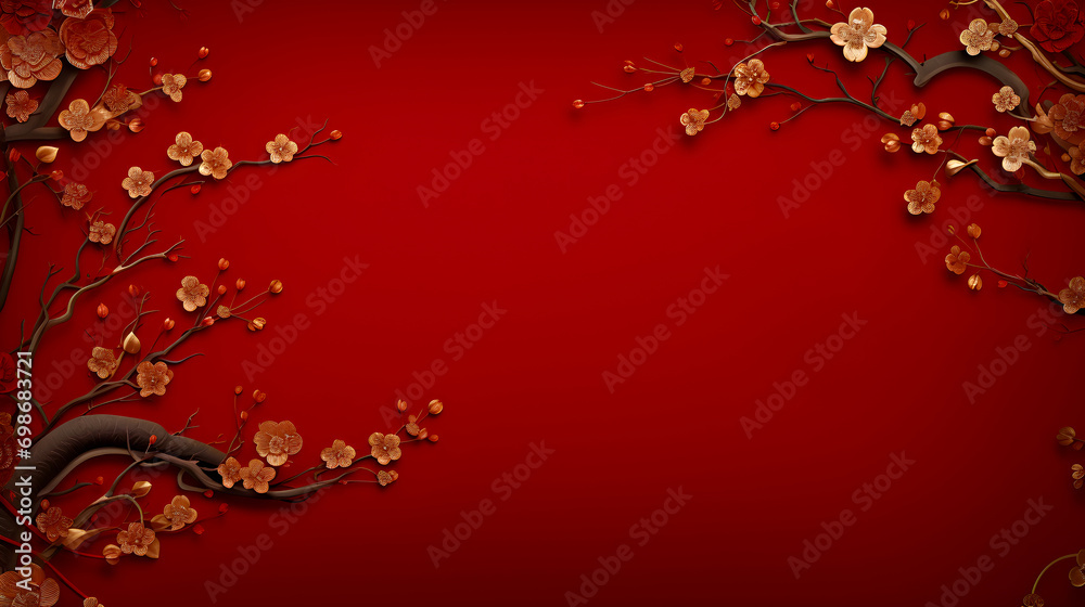 vibrant red background with ornate golden plum blossoms sprawling from dark branches, a traditional symbol of Chinese New Year vibrant red background with ornate golden plum blossoms sprawling from dark branches, a traditional symbol of Chinese New Year