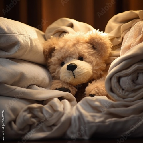 An adorable teddy bear peeking out from behind a pile of soft pillows, creating a cozy and inviting scene.