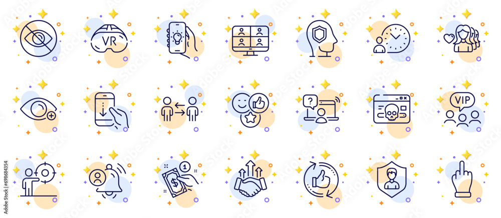 Outline set of Payment method, User notification and Vr line icons for web app. Include Cyber attack, Electric app, Teamwork business pictogram icons. Middle finger, Security agency. Vector
