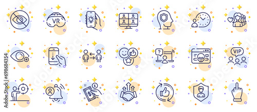 Outline set of Payment method, User notification and Vr line icons for web app. Include Cyber attack, Electric app, Teamwork business pictogram icons. Middle finger, Security agency. Vector