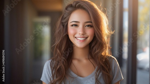 portrait of a woman. Cheerful Portrait of a Young Woman with a Happy Smile and Long Curly Brown Hair