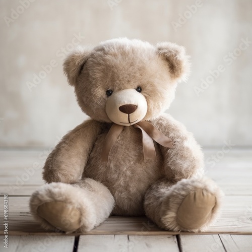 A classic teddy bear with jointed limbs, showcasing its timeless appeal in a simple and elegant setting. photo