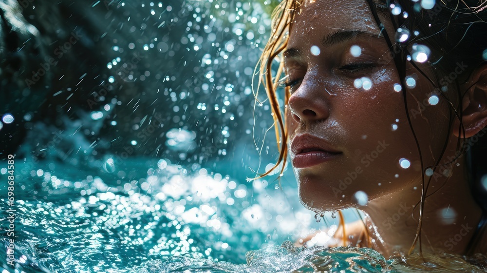 Fototapeta premium A Serene Woman Embracing the Water's Tranquility