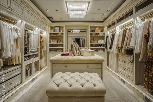 Elegant Walk-In Closet with Chandelier and Custom Shelving