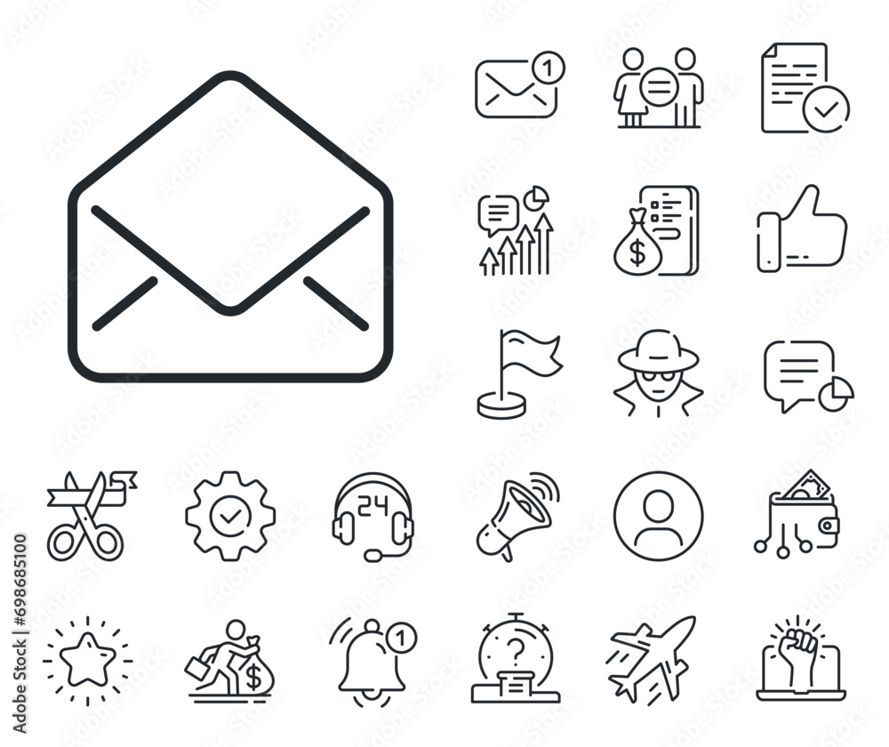 Message correspondence sign. Salaryman, gender equality and alert bell outline icons. Mail line icon. E-mail symbol. Mail line sign. Spy or profile placeholder icon. Online support, strike. Vector