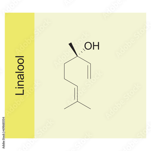 Linalool skeletal structure diagram.Monoterpenoid compound molecule scientific illustration on yellow background.