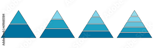 Blue pyramid infographic templates collection. Triangle hierarchy data segments set. Vector illustration isolated on white.