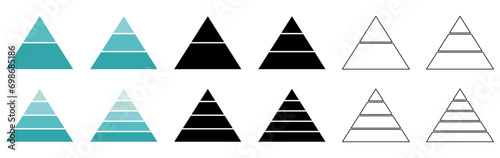 Pyramid infographic templates collection. Colour, silhouette and line triangle hierarchy data segments set. Vector illustration isolated on white.