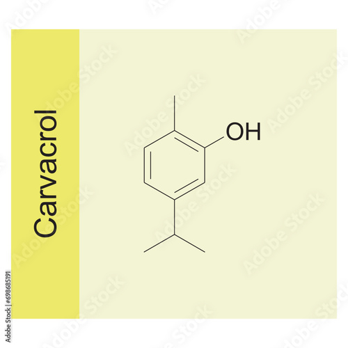 Carvacrol skeletal structure diagram.Monoterpenoid compound molecule scientific illustration on yellow background.