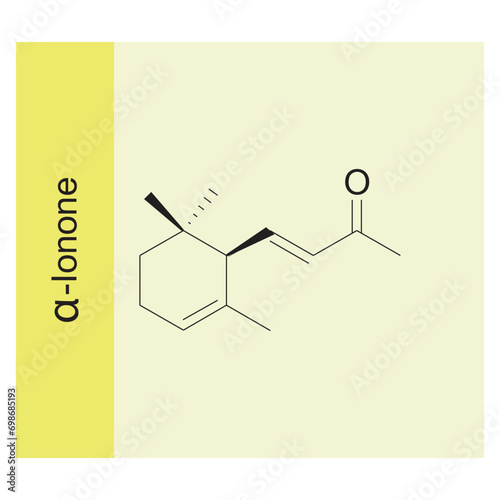 α-Ionone skeletal structure diagram.Monoterpenoid compound molecule scientific illustration on yellow background.