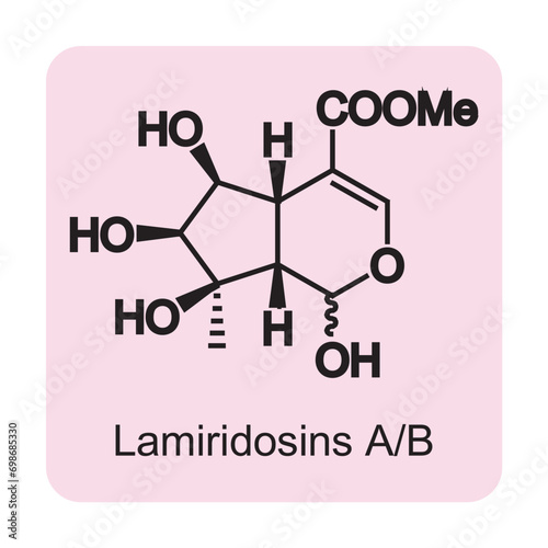 Lamiridosins A/B skeletal structure diagram.Monoterpenoid compound molecule scientific illustration on pink background.