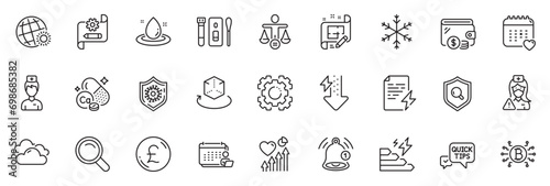 Icons pack as Bitcoin system, Reminder and Inspect line icons for app include Doctor, Cogwheel blueprint, Wallet outline thin icon web set. Architect plan, Power certificate, Nurse pictogram. Vector