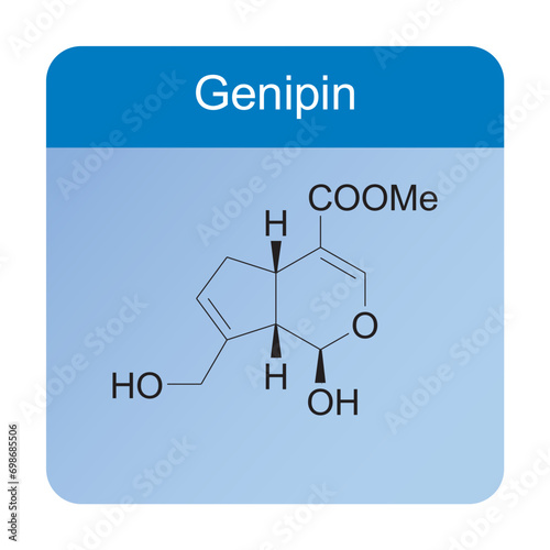 Genipin skeletal structure diagram.Monoterpenoid compound molecule scientific illustration on blue background.
