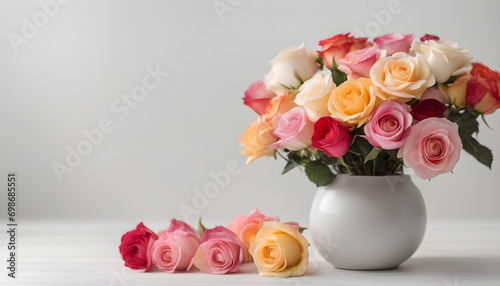 multicolor roses in vase on white table with cute roses