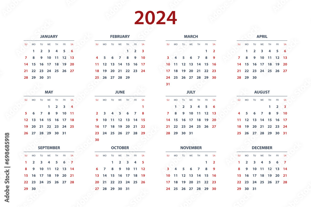 Calendar Planner for 2024. Calendar template for 2024. Colorful wall calendar in English on a white background. Vector template Calendar Planner for 2024. Calendar template for 2024. Colorful wall calendar in English on a white background. Vector template