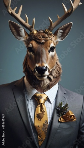Deer in a Luxurious Colorful Professional Suit. Animal posing with a charismatic human attitude. Fun Concept in a Simple Plain Background. Creative Marketing and Branding Concept.