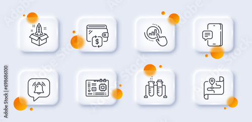 Graph chart, Map and Startup line icons pack. 3d glass buttons with blurred circles. Notification bubble, Chemistry beaker, Phone message web icon. Wallet, Motherboard pictogram. Vector