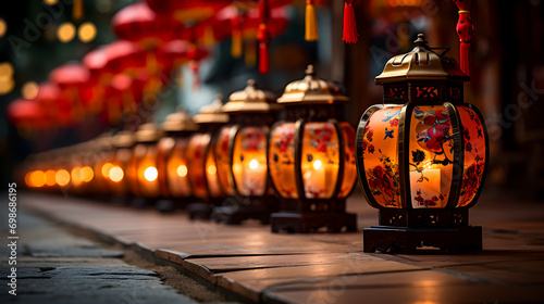 traditional Chinese lanterns lit up in a row on the ground, glowing warmly against a blurred background, creating a festive, welcoming atmosphere