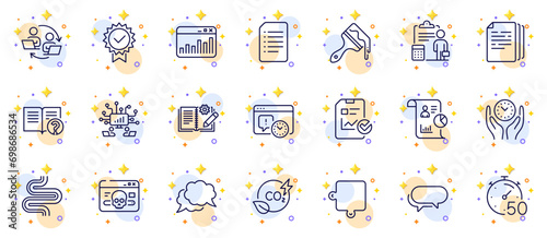 Outline set of Timer, Teamwork and Report line icons for web app. Include Co2 gas, Document, Certificate pictogram icons. Report checklist, Engineering documentation, Teamwork process signs. Vector