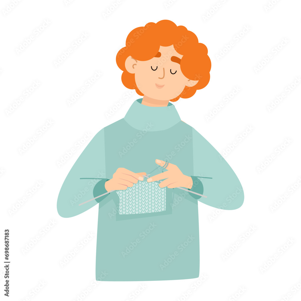 Cute young red-haired woman knitting with knitting needles