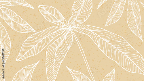 Summer yellow tropical background with white outlines of branches and leaves. Botanical banner, poster, cover or card.