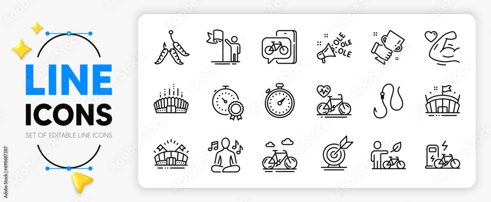 Yoga music, Bike app and Maggots line icons set for app include Winner cup, Ole chant, Sports arena outline thin icon. Best result, Hook, Arena stadium pictogram icon. Electric bike. Vector
