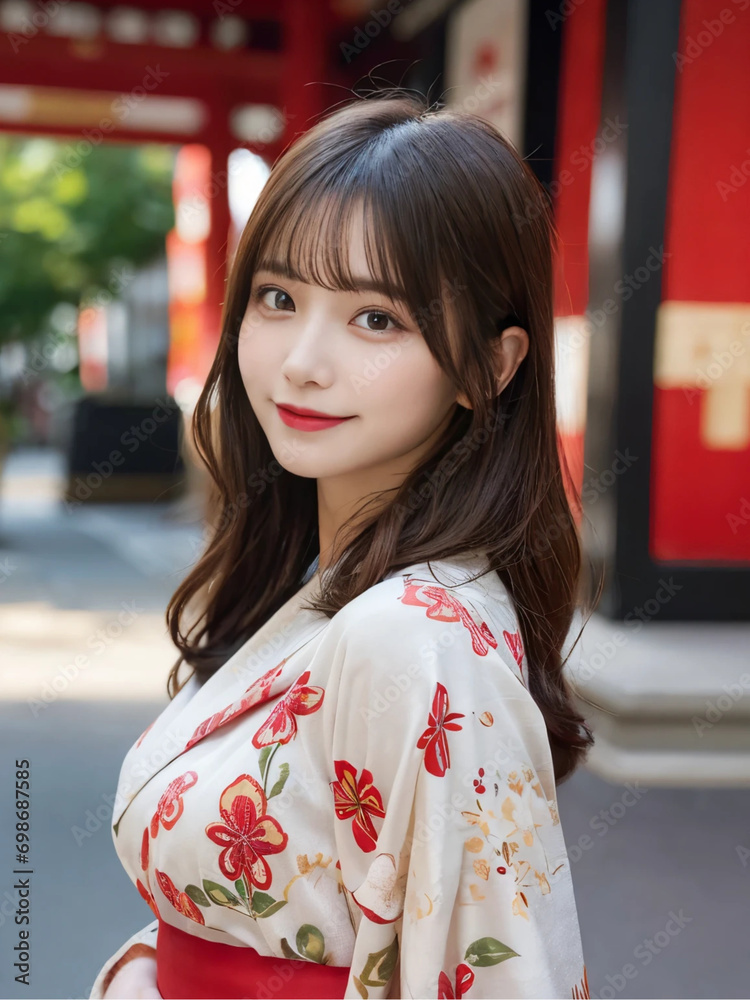 A smiling Japanese girl in a kimono. Generative AI A smiling Japanese girl in a kimono. Generative AI