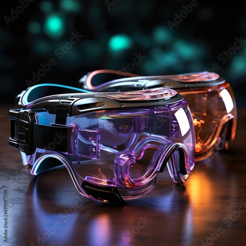 neon-colored virtual reality glasses on table - futuristic tech concept